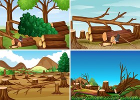Free vector deforestation scenes with chopped woods