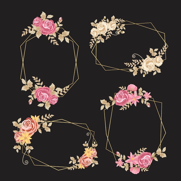 Free vector delicate flowers with leaves on golden frames