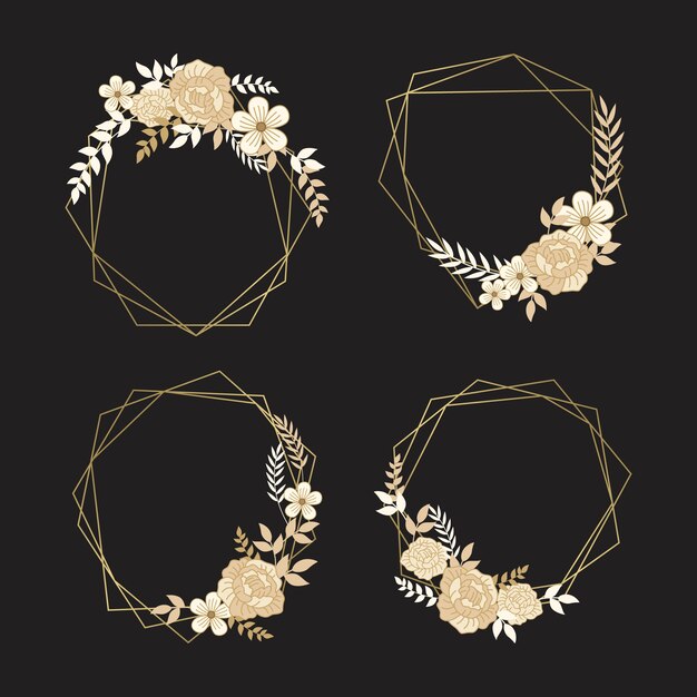 Delicate golden flowers with leaves on polygonal frames