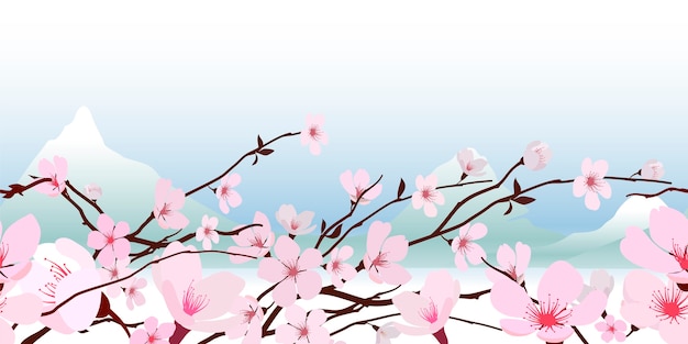 Delicate pink fresh spring Japanese flowering cherry blossom in a horizontal banner