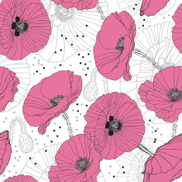 Vettore gratuito delicati papaveri rosa seamless pattern