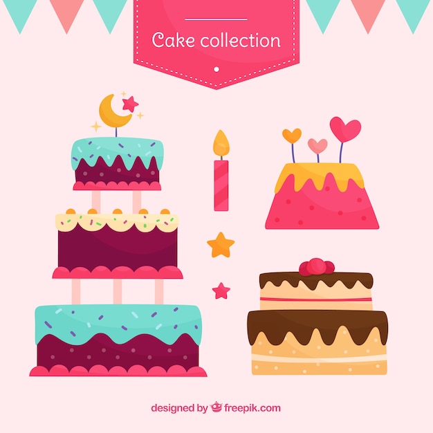 Delicious birthday cakes collection in flat style