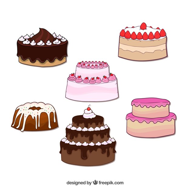 Delicious cakes collection in hand drawn style