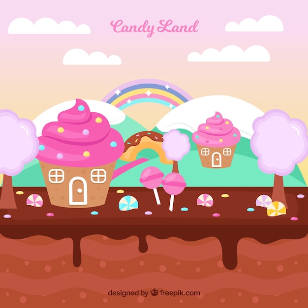 Delicious candy land background in flat style