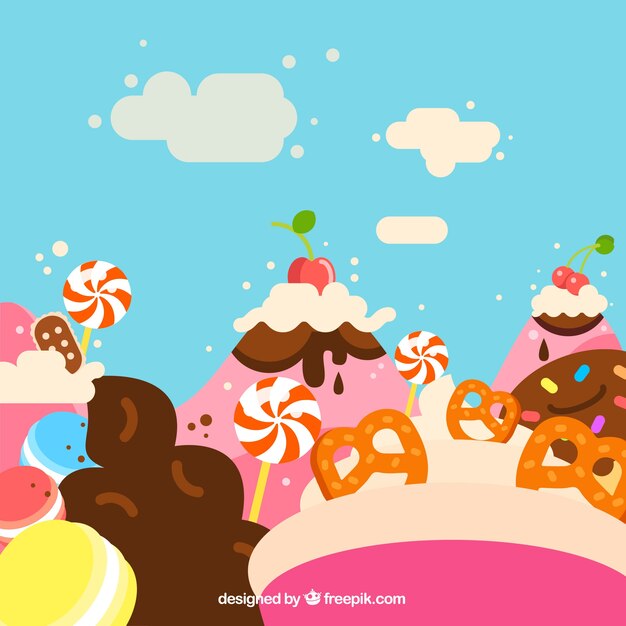 Delicious candy land background in flat style