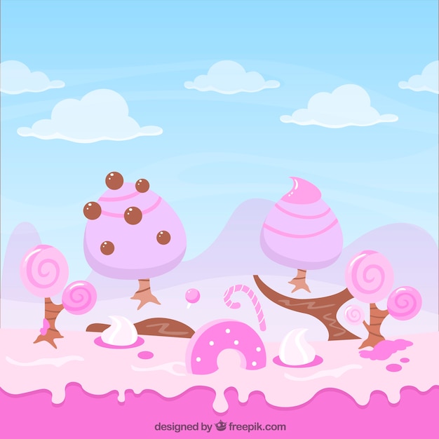 Delicious candy land background in flat style