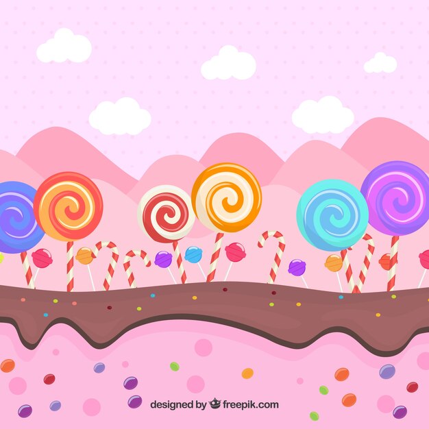 Delicious candy land background in flat style