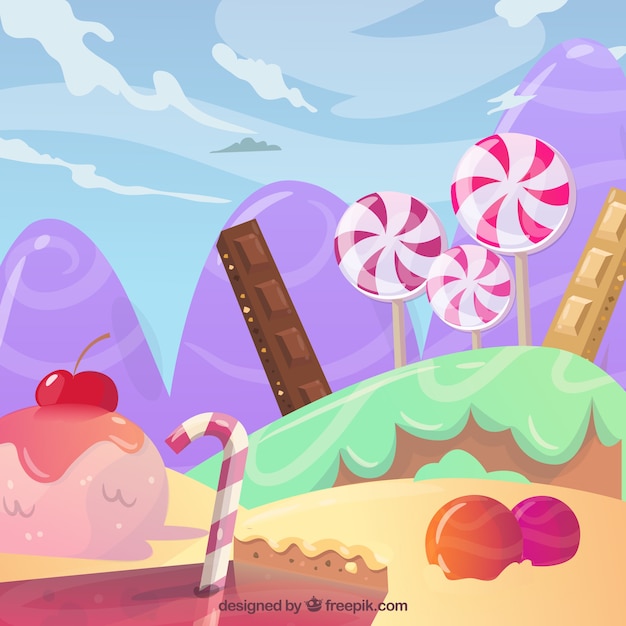 Delicious candy land background in flat style