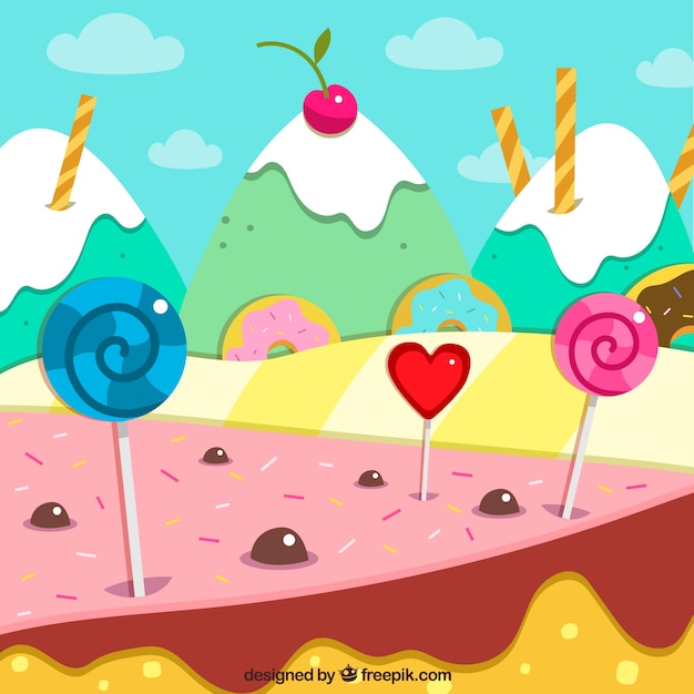 Free vector delicious candy land background in flat style