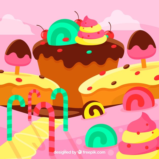 Delicious candy land background in flat style