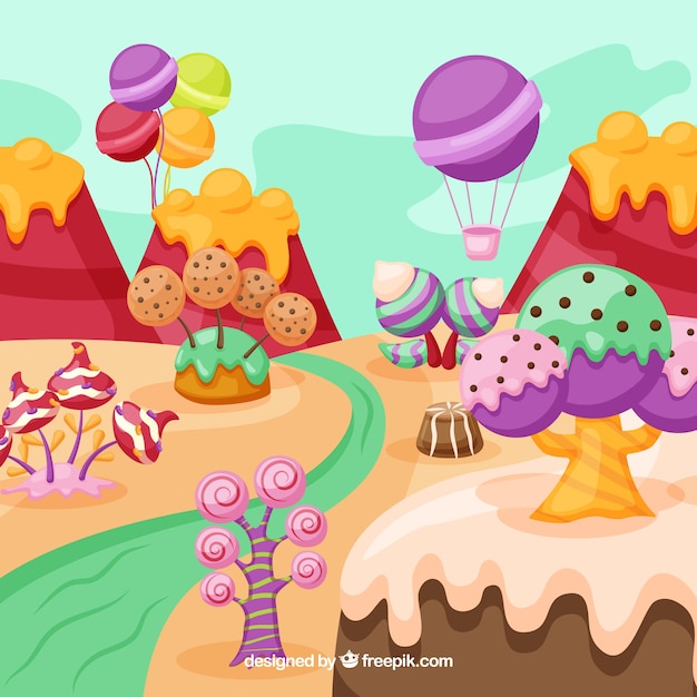 Delicious candy land background in flat style