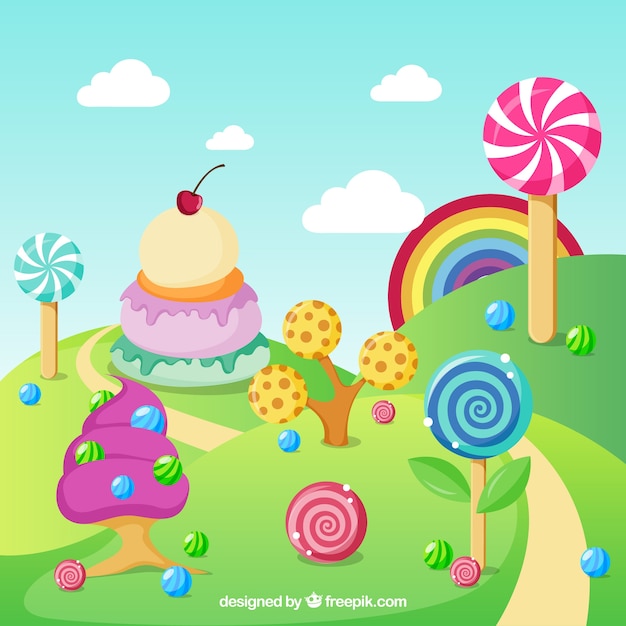 Free vector delicious candy land background in flat style