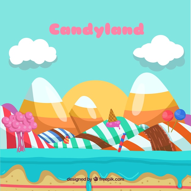 Delicious candy land background in flat style