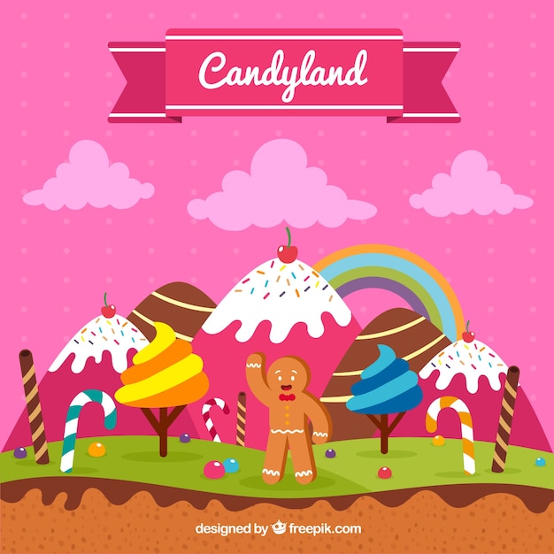 Delicious candy land background in flat style