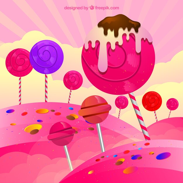 Delicious candy land background in flat style