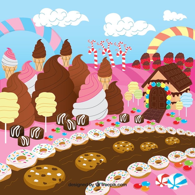 Delicious candy land background in flat style