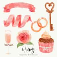 Free vector delicious cupcake and watercolor decorative wedding elements