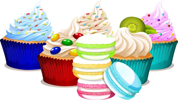 Delicious cupcakes and macaroon cartoon set