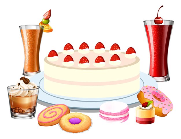 Delicious desserts and drinks cartoon set