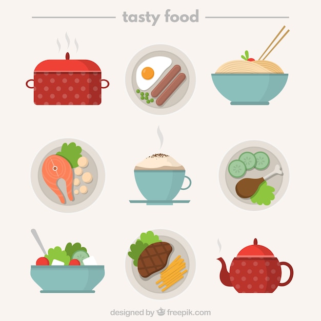 Delicious dishes with kitchen elements Premium Vector