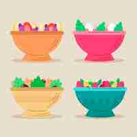 Free vector delicious fruit and salad in coloured bowls