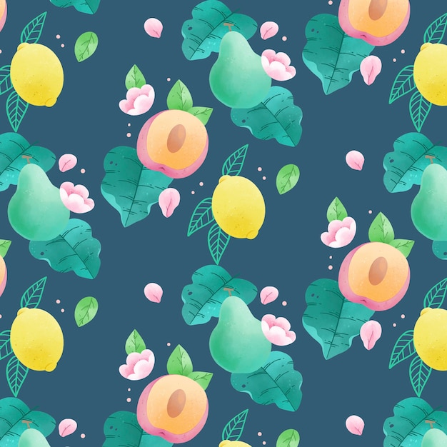 Delicious fruits pattern on dark blue background