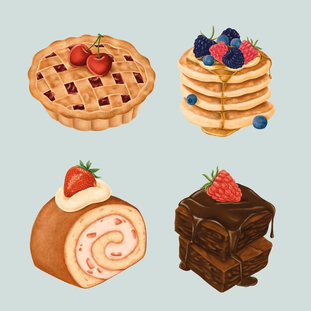 Delicious hand painted desserts vector set