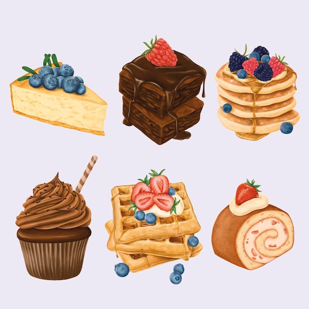 Free vector delicious hand painted desserts vector set