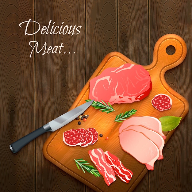 Free vector delicious meat on wooden board