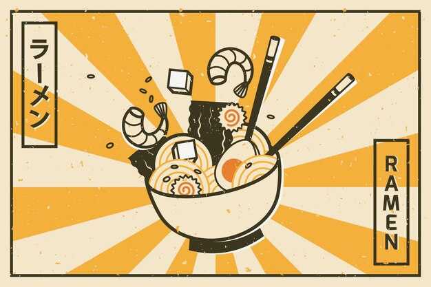 スープ漫画イラストの近くに麺と箸を持っているかわいいシェフ プレミアムベクター