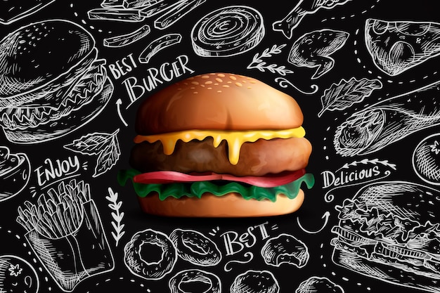 Delicious realistic burger on chalkboard background