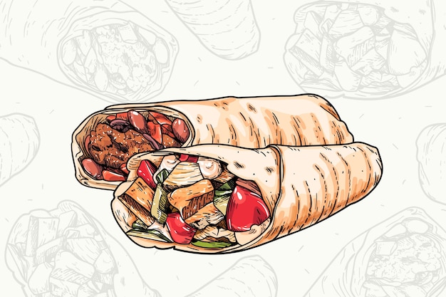 세부 사항과 함께 맛있는 shawarma 그림