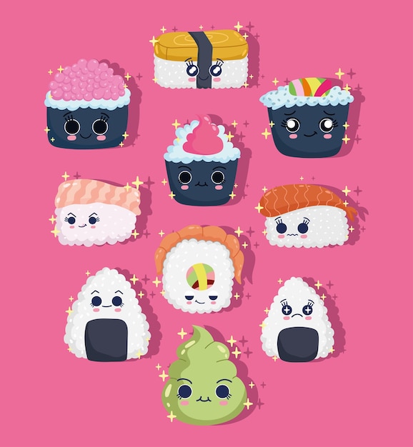 Vettore gratuito delizioso sushi kawaii