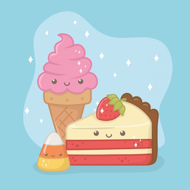 Delicious and sweet ice cream and products kawaii characters