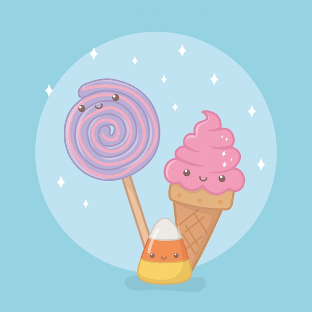 Free vector delicious and sweet lollipop and products kawaii characters