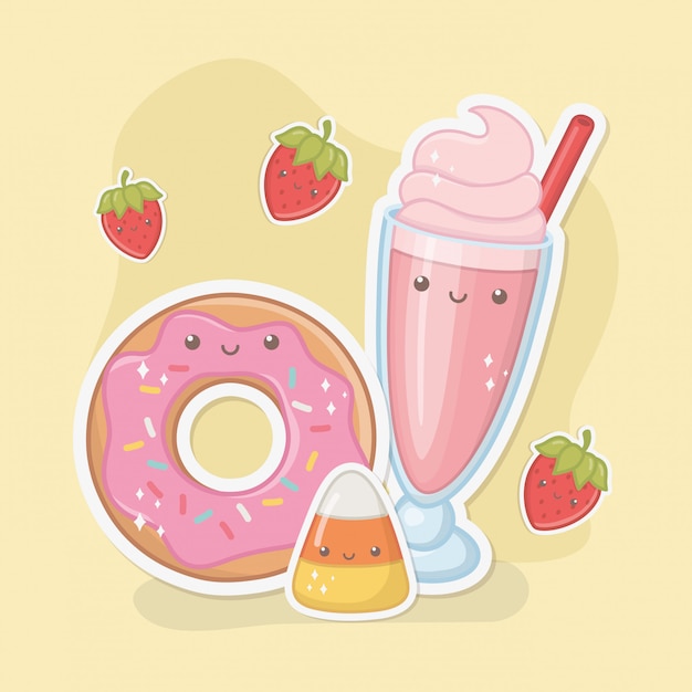 Delicious and sweet milkshake and products kawaii characters