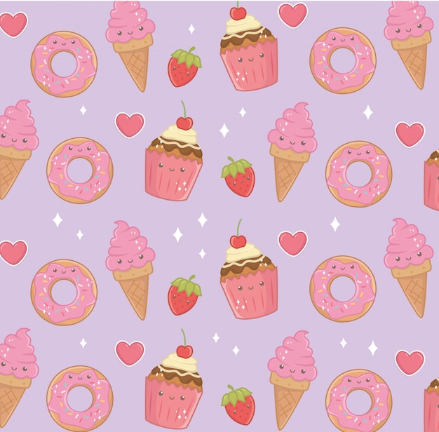 Delicious and sweet products kawaii characters pattern