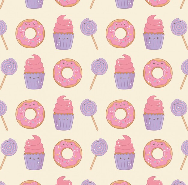 Delicious and sweet products kawaii characters pattern