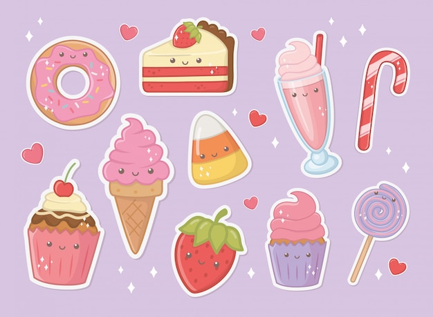 Delicious and sweet products kawaii characters