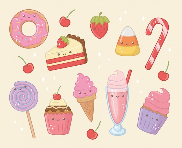 Free vector delicious and sweet products kawaii characters