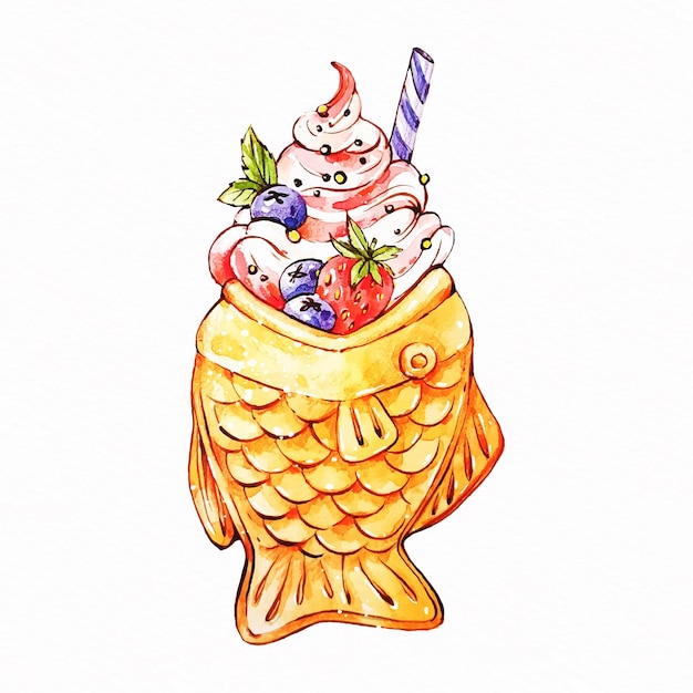 Delicious taiyaki cake watercolor style