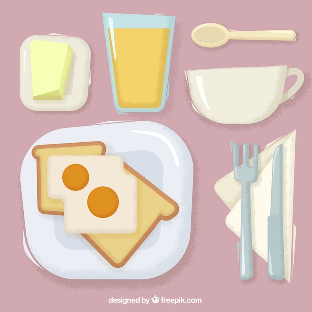 Delicious toasts with fried eggs and orange juice