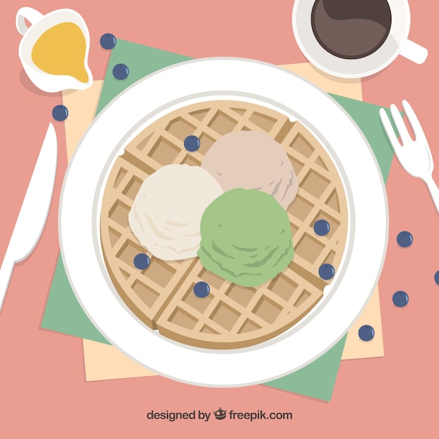 Free vector delicious waffle with ice-cream in a top view