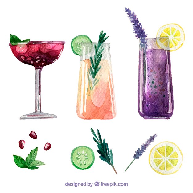 Delicious watercolor cocktails and ingredients