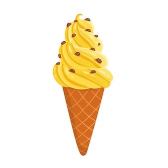 Вкусное желтое банановое мороженое в вафельном рожке, изолированном на белом фоне. иллюстрация для веб-дизайна или печати