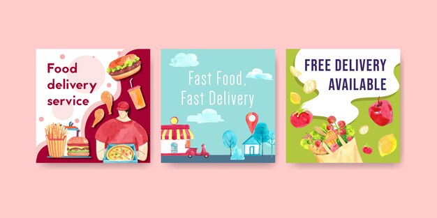 Delivery ads design with men,food,vegetable,pizza,burger watercolor illustration.