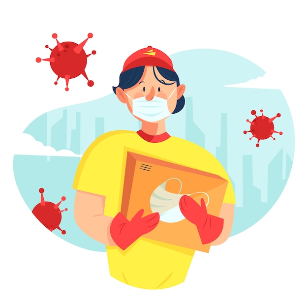 Free vector delivery boy wearing medical mask for protection