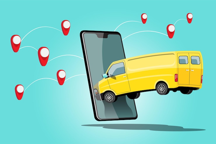 無料Vector スマートフォンアプリケーションで注文し、輸送する地図上のマークポイントをチェックする配達車のトラック、イラスト