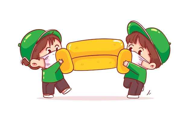 Delivery character man movers carry sofa, Moving service cartoon art illustration