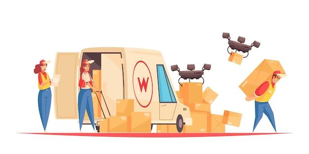 Vettore gratuito composizione di consegna con dipendenti del servizio postale doodle personaggi con furgoni e droni quadricotteri che spediscono cassette dei pacchi